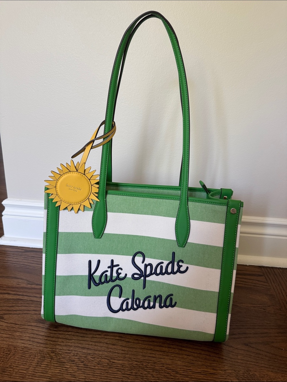 kate spade Green and White Striped Cabana Tote with Yellow Sun Charm